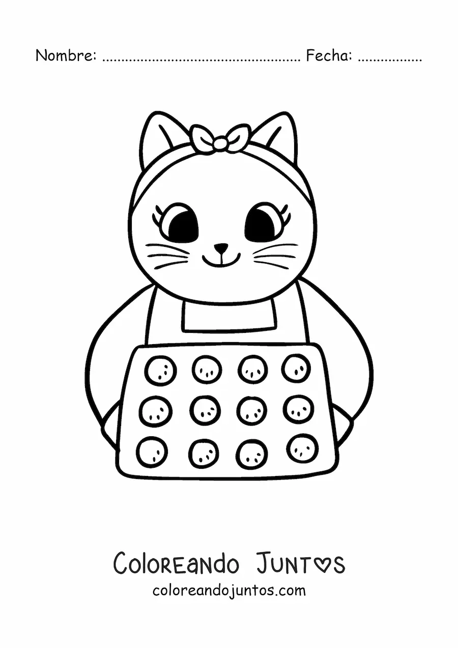 Imagen para colorear de gata cocinera animada kawaii horneando cupcakes