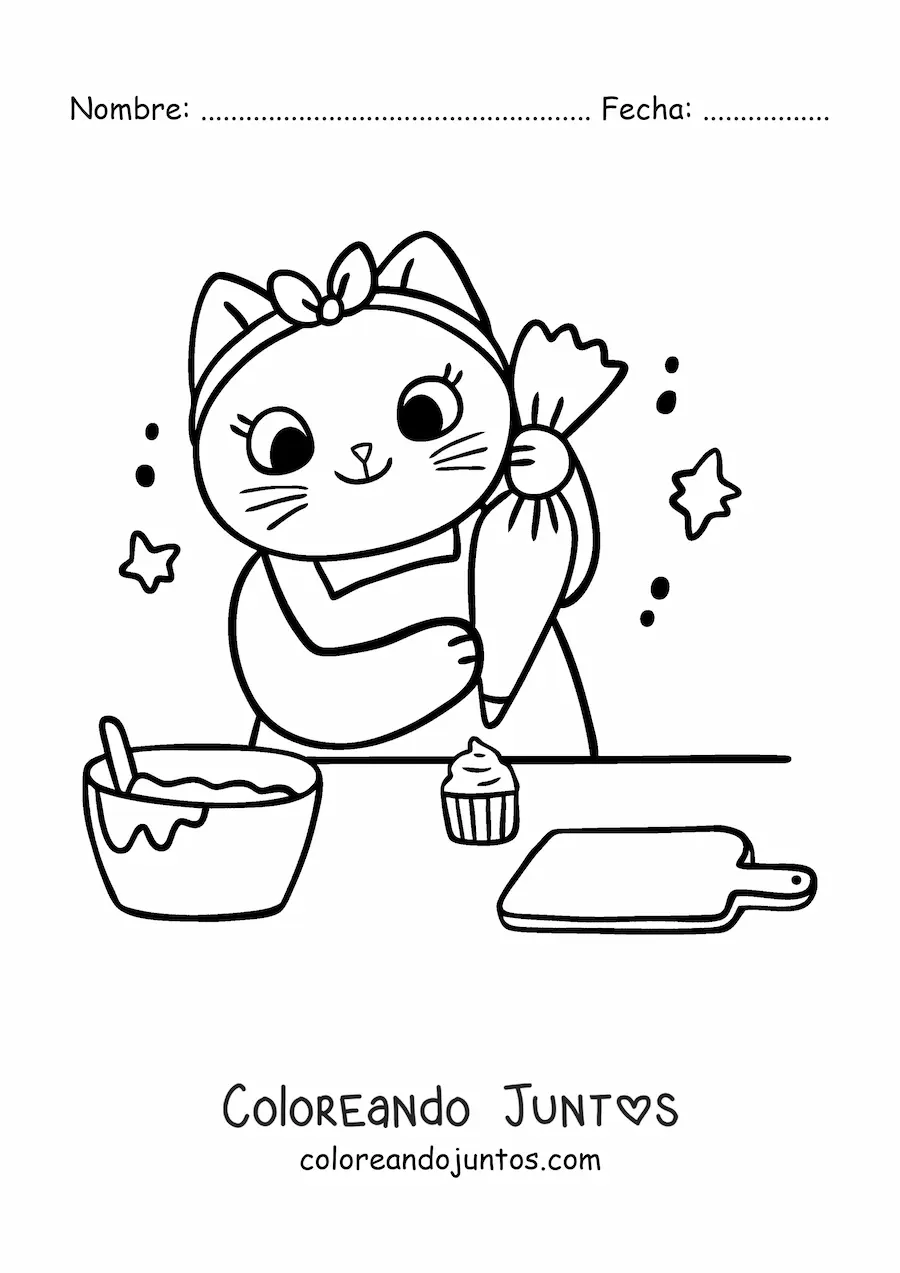 Imagen para colorear de gata cocinera animada kawaii decorando cupcakes en la cocina