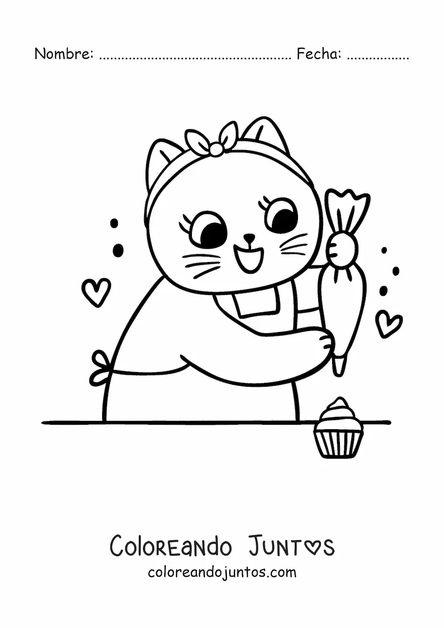 Imagen para colorear de gata cocinera kawaii decorando cupcakes