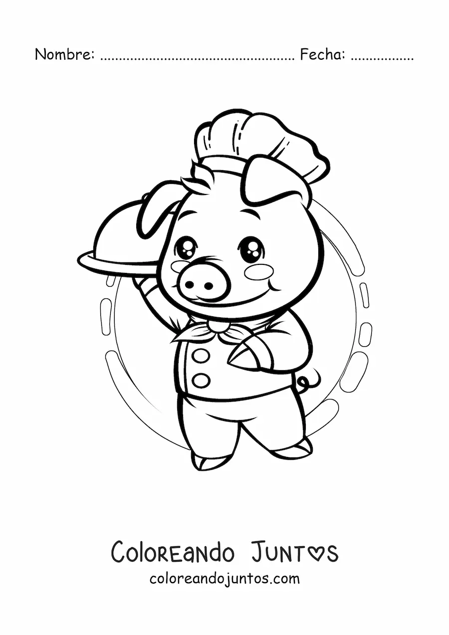 Imagen para colorear de chef cerdo kawaii animado con un platillo en una bandeja