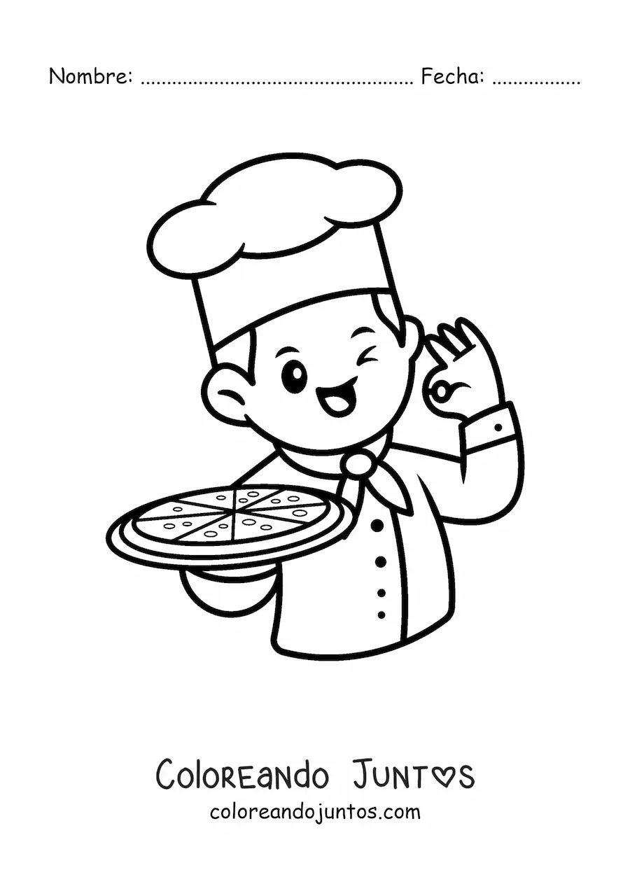 Imagen para colorear de chef pizzero kawaii con una pizza