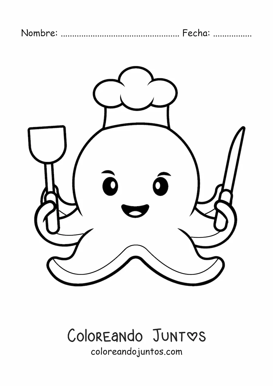 Imagen para colorear de chef pulpo kawaii con utensilios de cocina