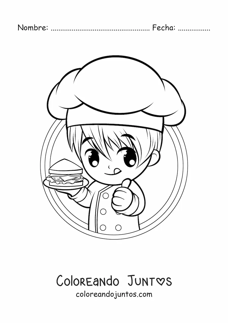 Imagen para colorear de niño cocinero kawaii con un sándwich