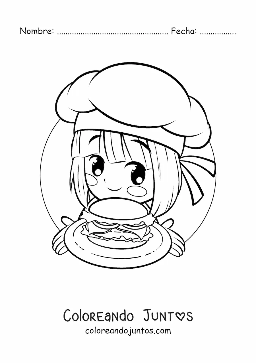 Imagen para colorear de niña cocinera kawaii con una hamburguesa