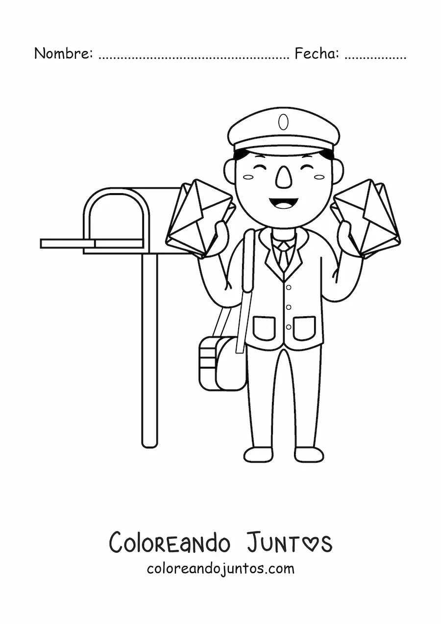 Imagen para colorear de cartero kawaii con cartas junto al buzón