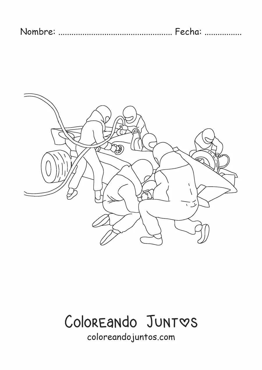Imagen para colorear de mecánicos trabajando en los pits