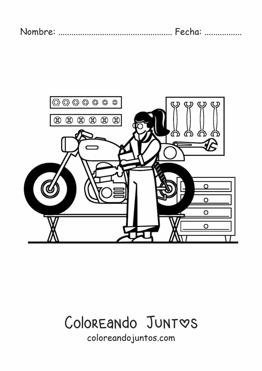 Imagen para colorear de mujer con oficio de mecánico en su taller con una moto