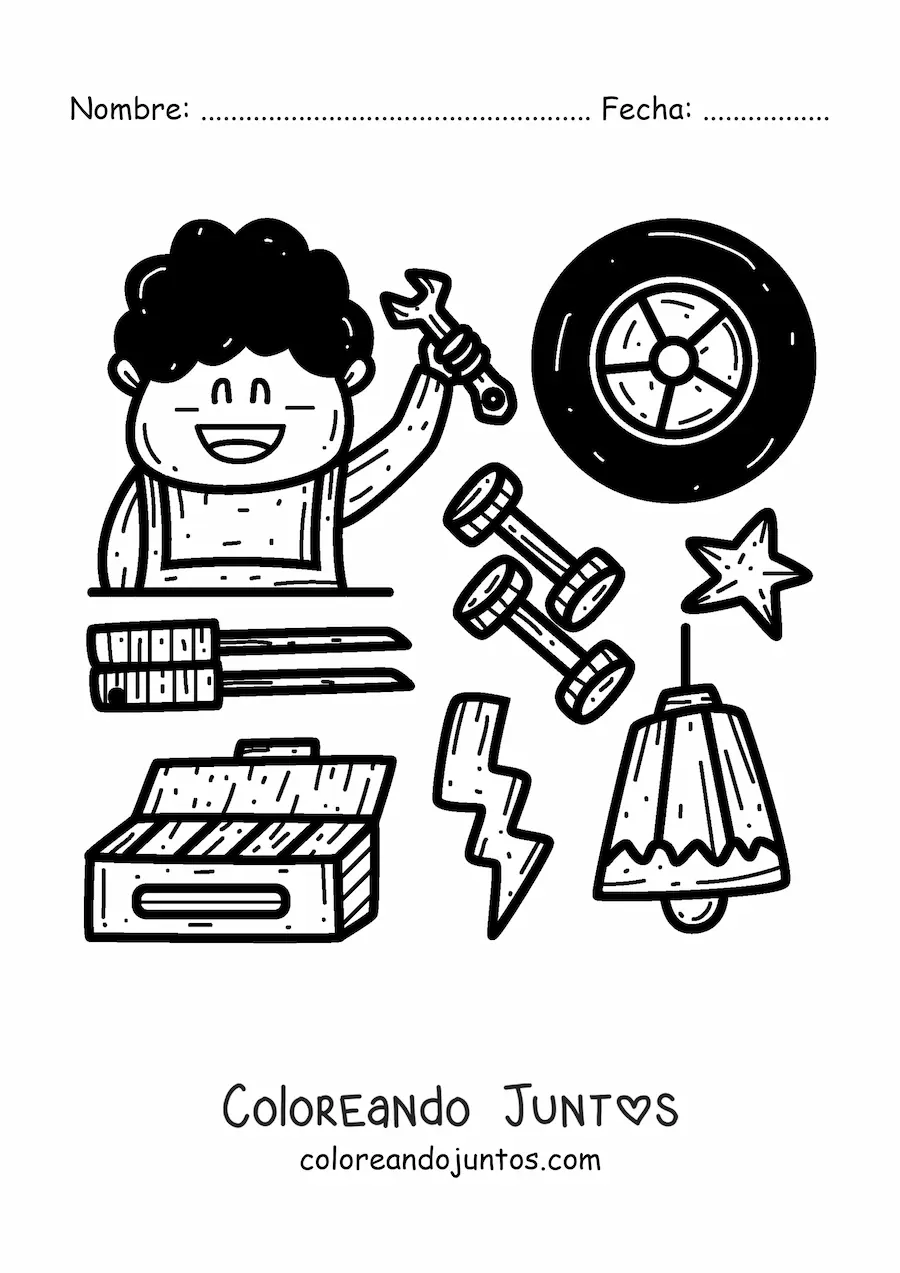 Imagen para colorear de mecánico automotriz animado con sus herramientas