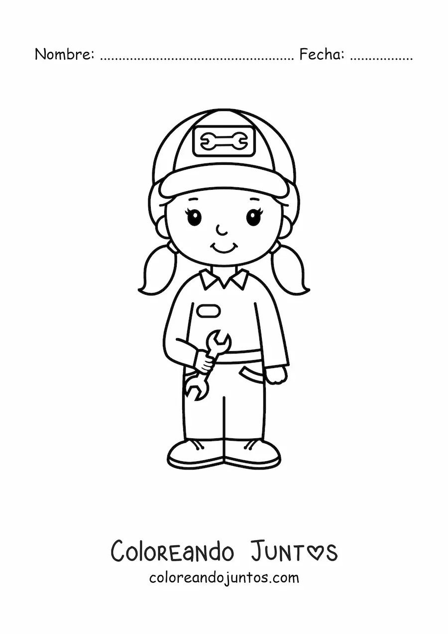 Imagen para colorear de chica con oficio de mecánico automotriz kawaii