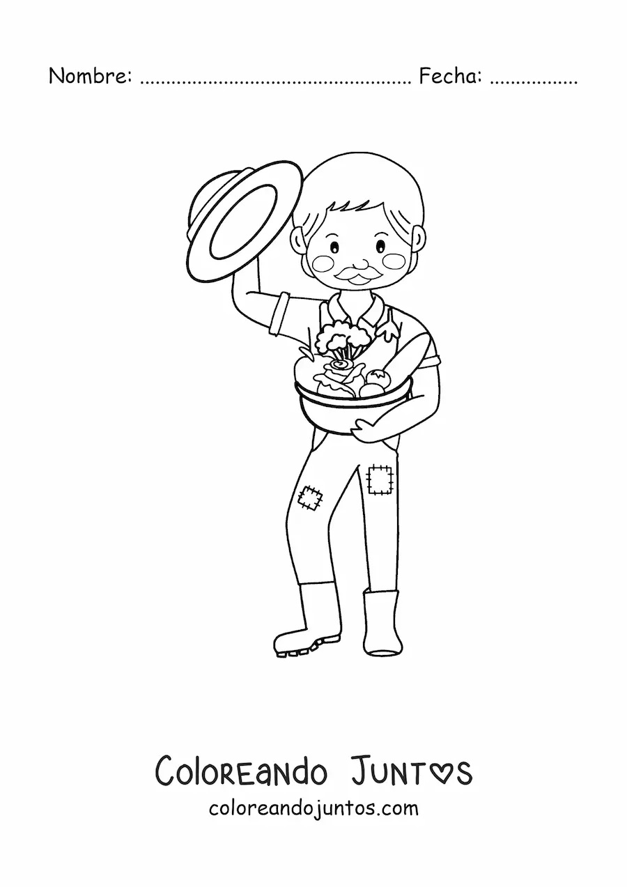 Imagen para colorear de agricultor kawaii con frutos cosechados