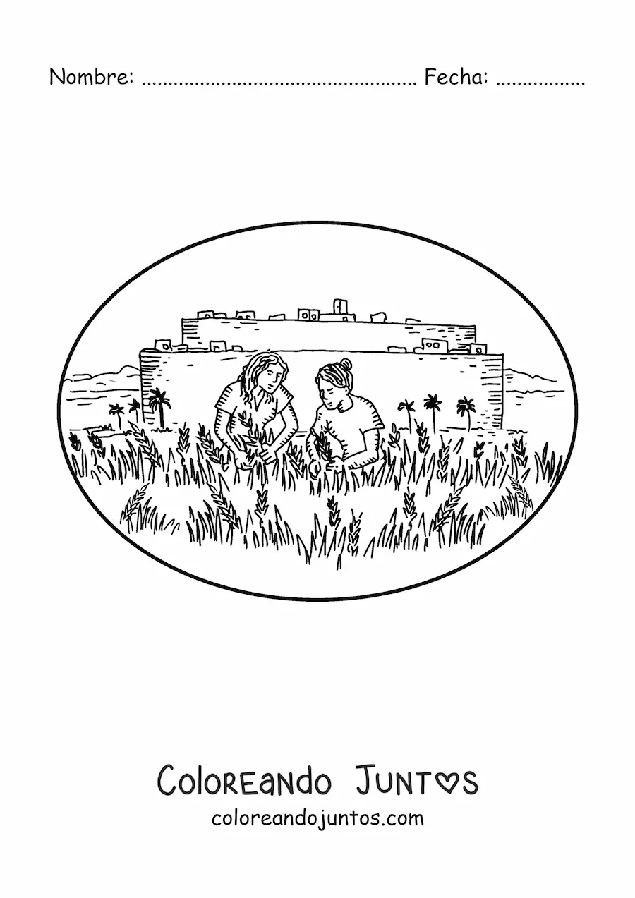 Imagen para colorear de mujeres recolectando frutos en una granja