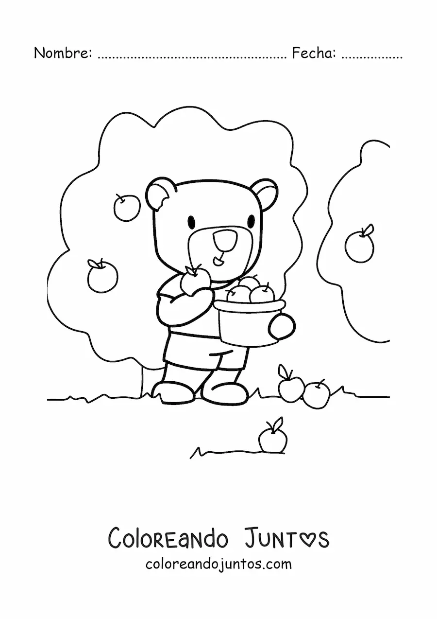 Imagen para colorear de oso animado recolectando manzanas en una granja