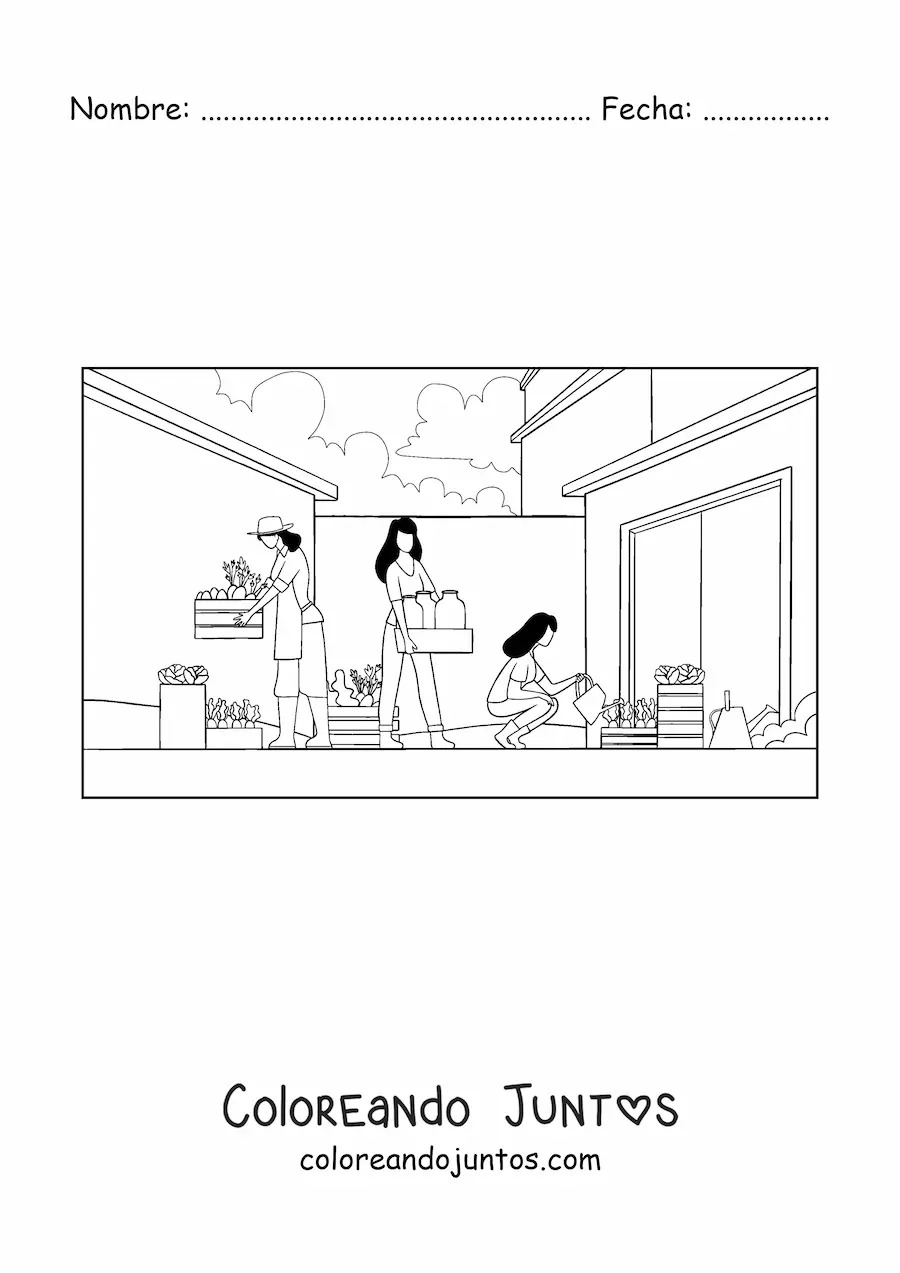 Imagen para colorear de mujeres realizando actividades agrícolas