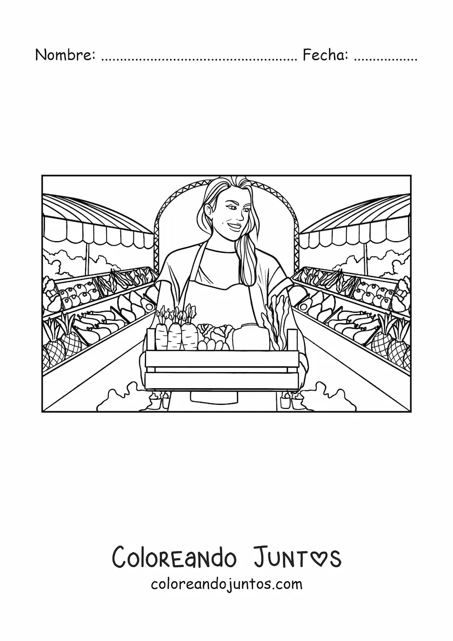 Imagen para colorear de chica llevando los frutos de su cosecha al mercado