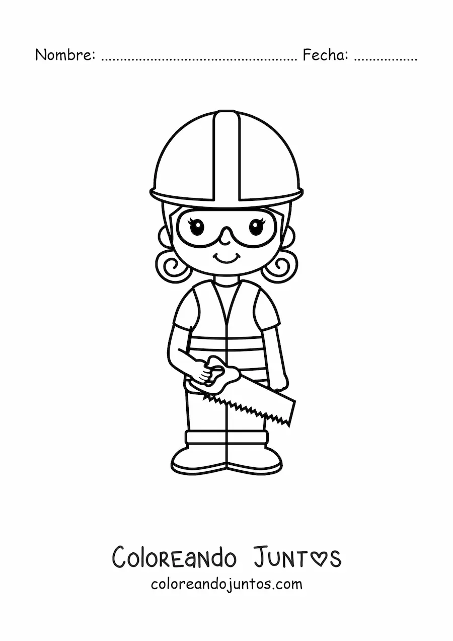 Imagen para colorear de niña albañil kawaii con casco y un serrucho