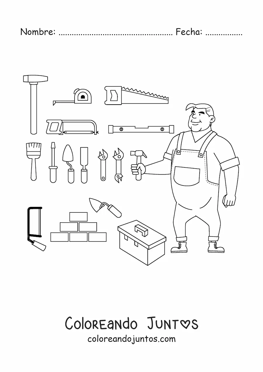 Imagen para colorear de albañil con sus herramientas de la construcción