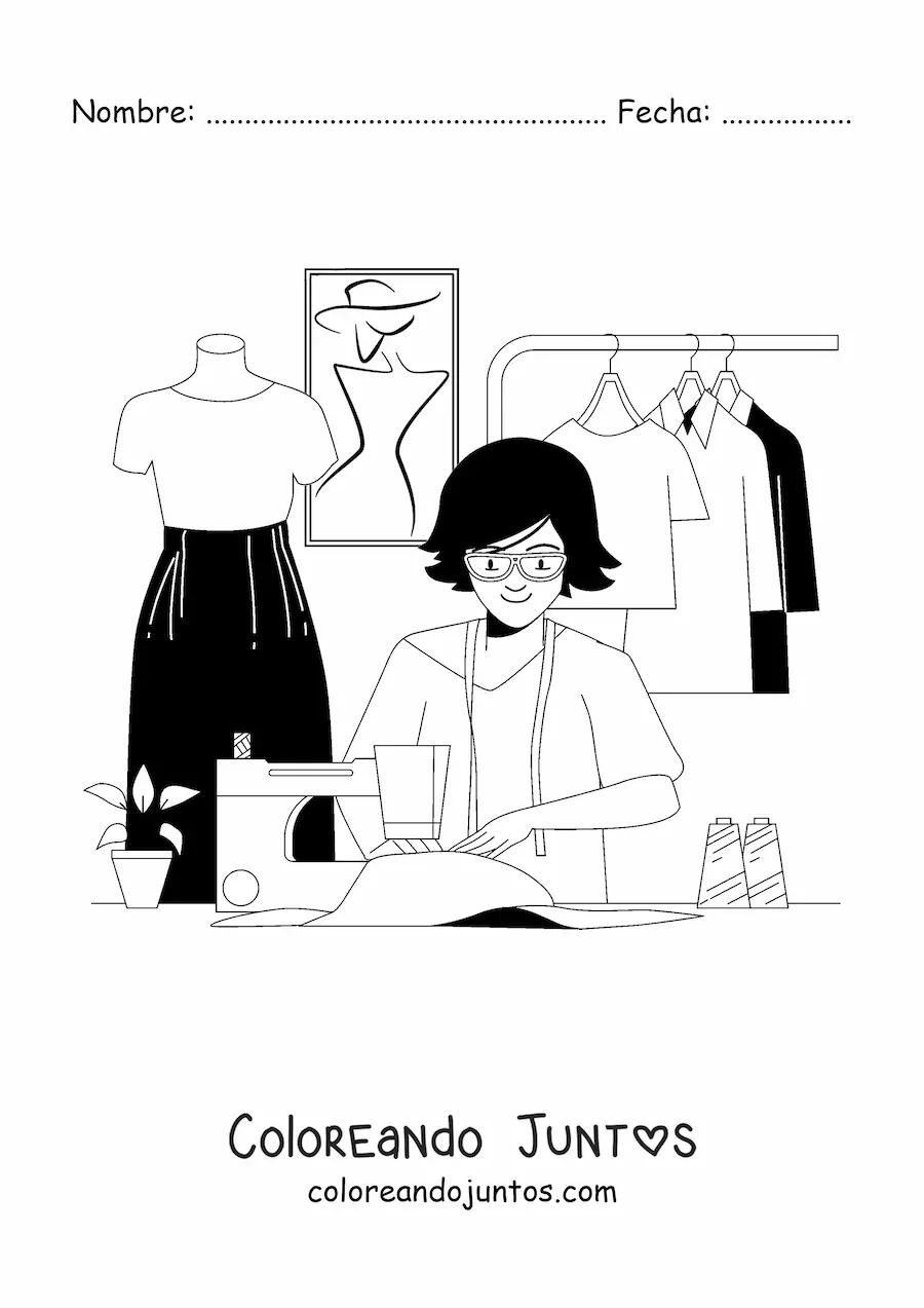 Imagen para colorear de diseñadora de modas cosiendo en una máquina de coser junto a un maniquí