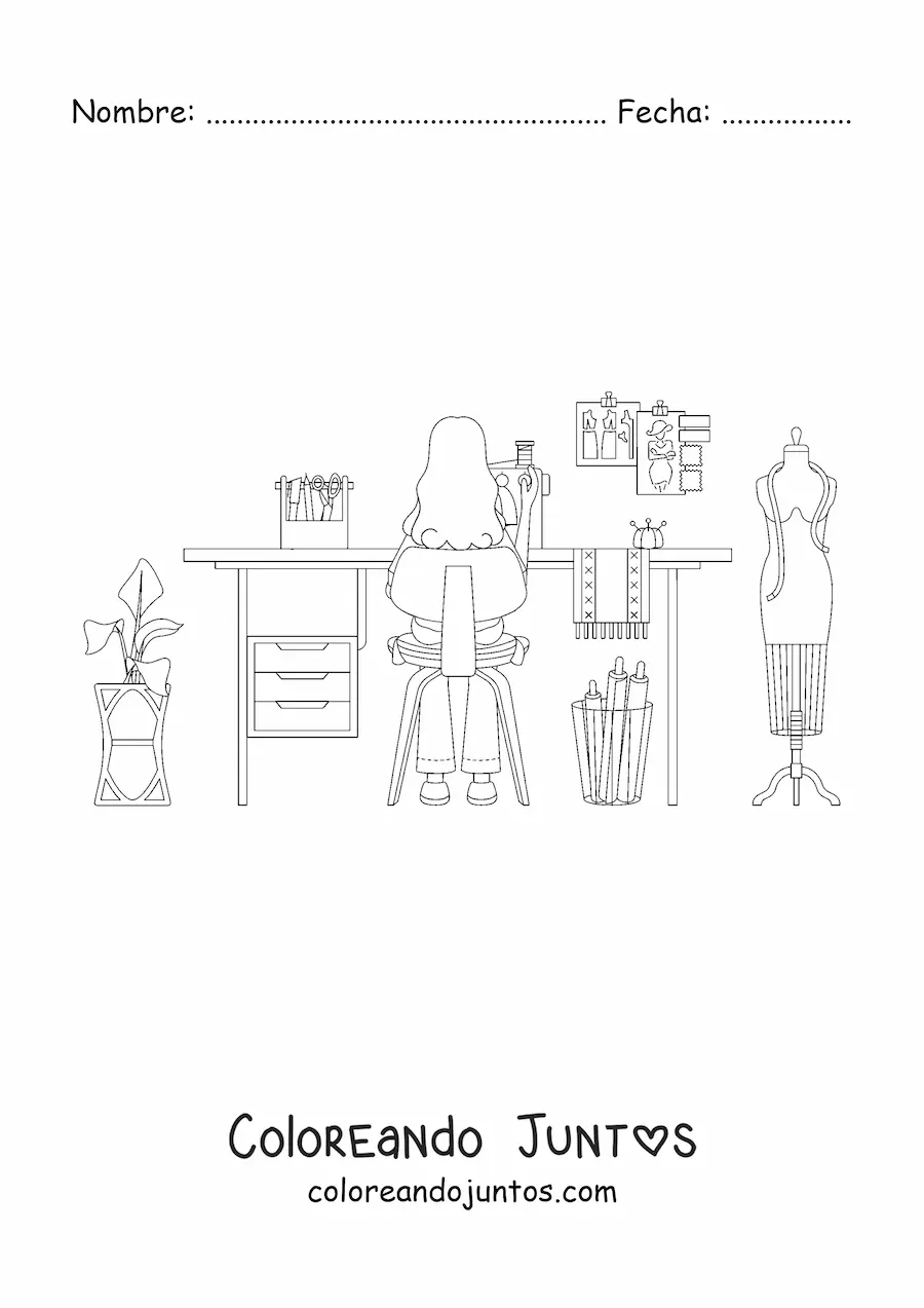 Imagen para colorear de mujer con oficio de modista en su taller de costura
