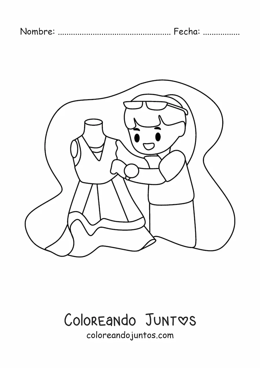 Imagen para colorear de diseñadora de modas animada con un vestido en un maniquí
