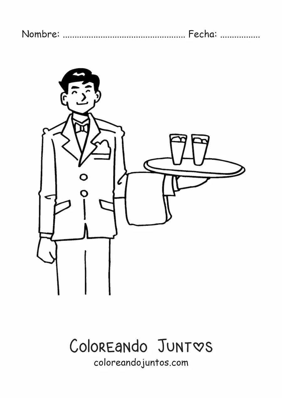 Imagen para colorear de mesero animado llevando una bandeja con vasos