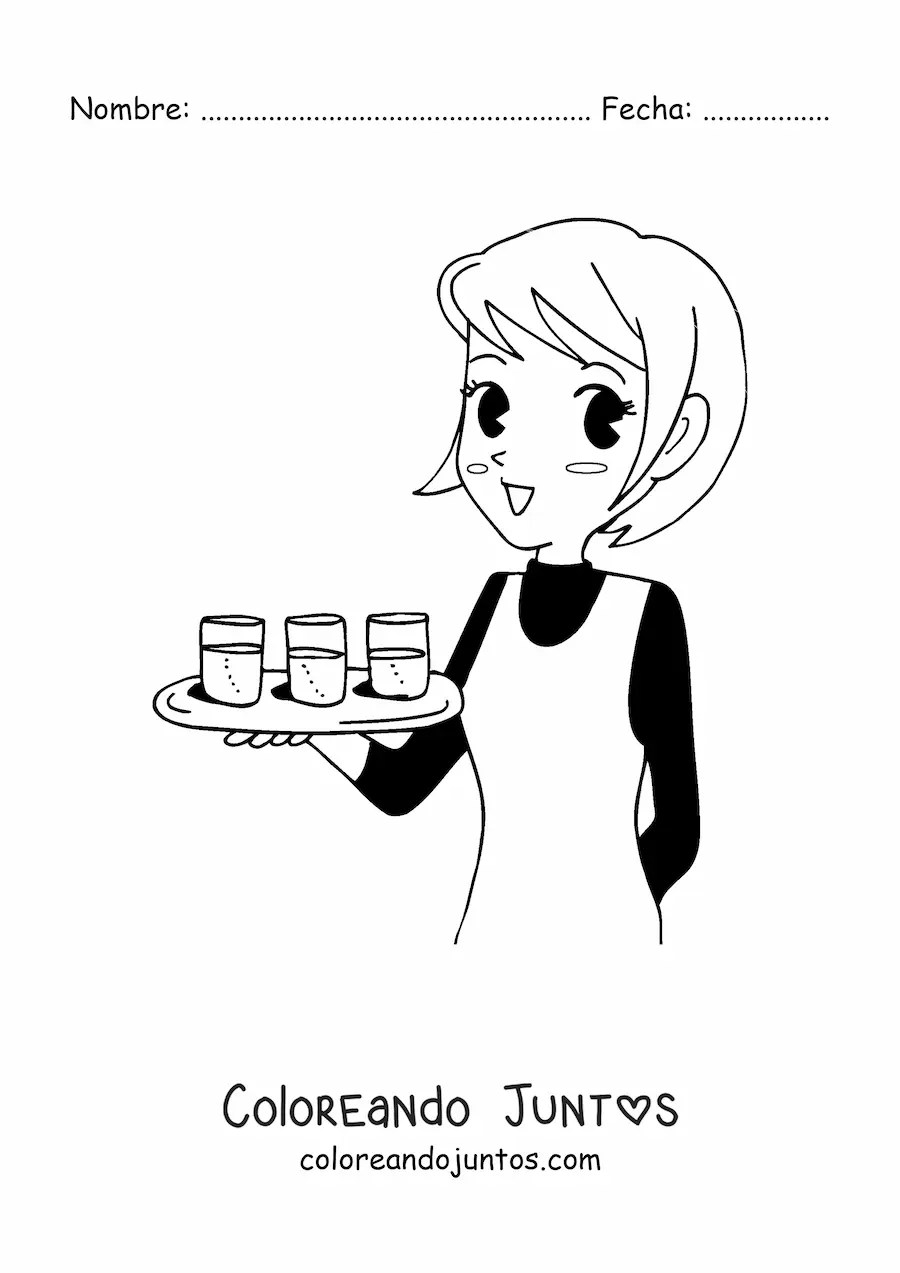 Imagen para colorear de mesera de un restaurante estilo anime