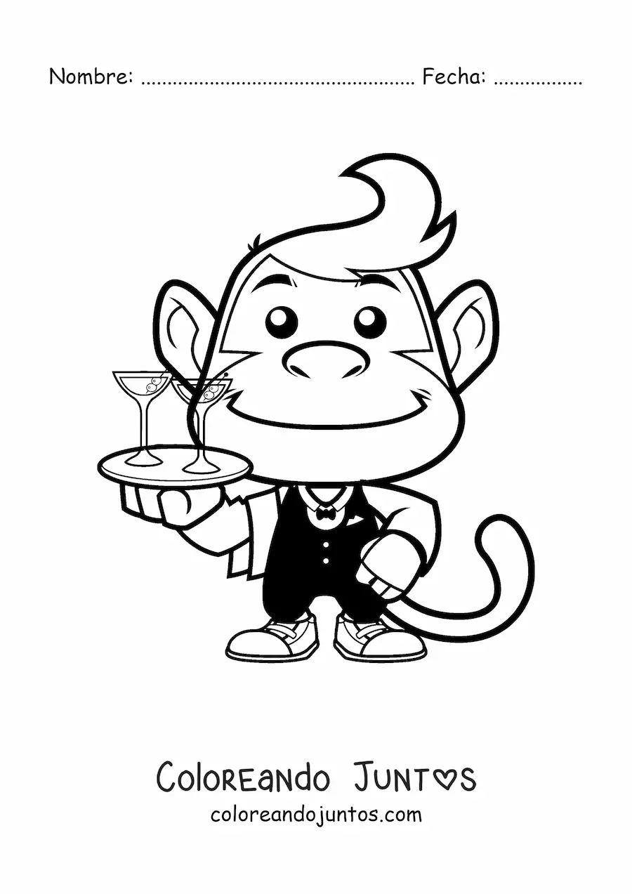 Imagen para colorear de mono animado con oficio de mesero