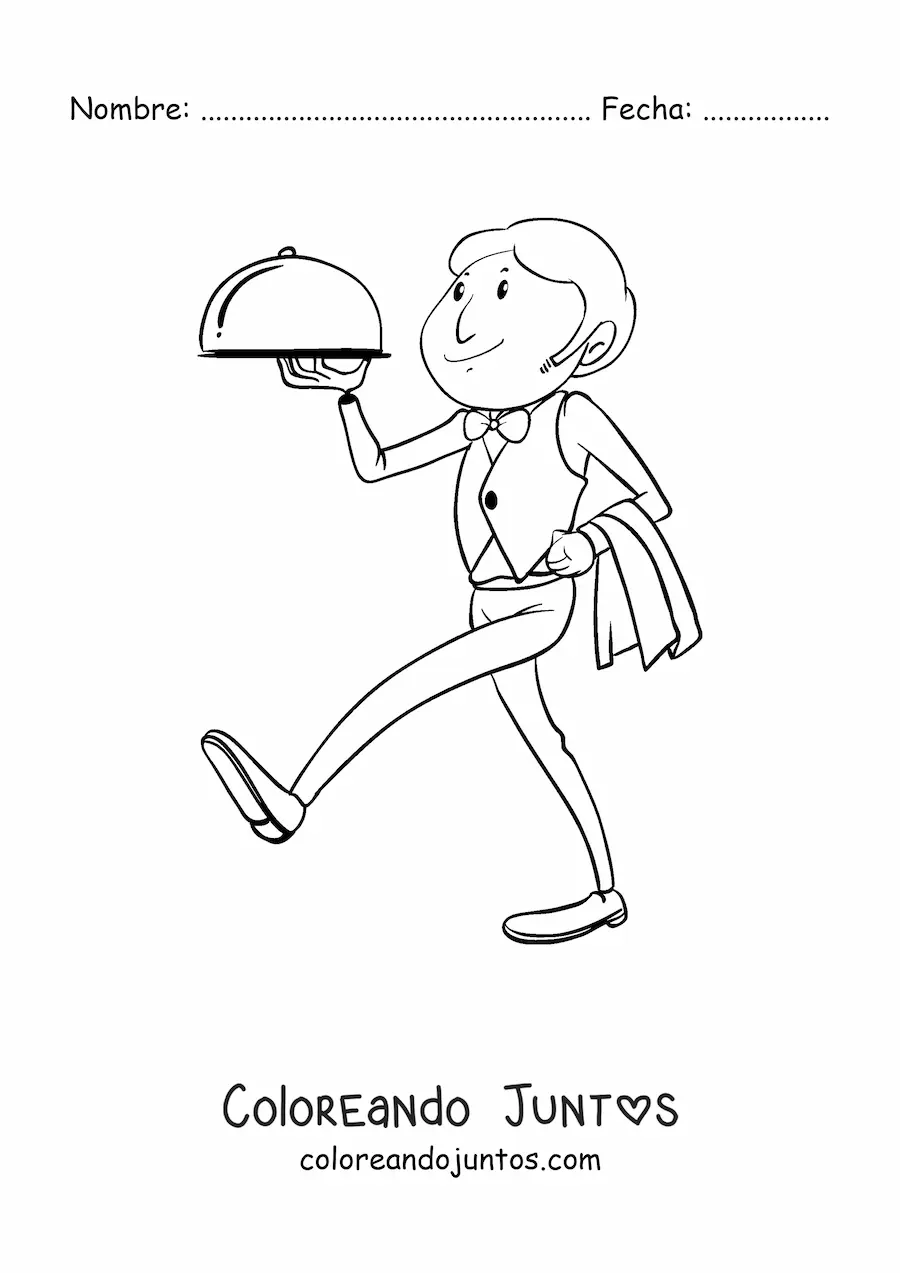Imagen para colorear de mesero llevando una bandeja en un restaurante