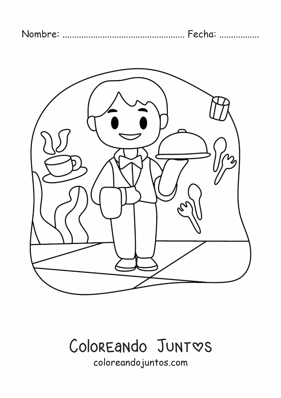 Imagen para colorear de mesero animado llevando una bandeja en un restaurante