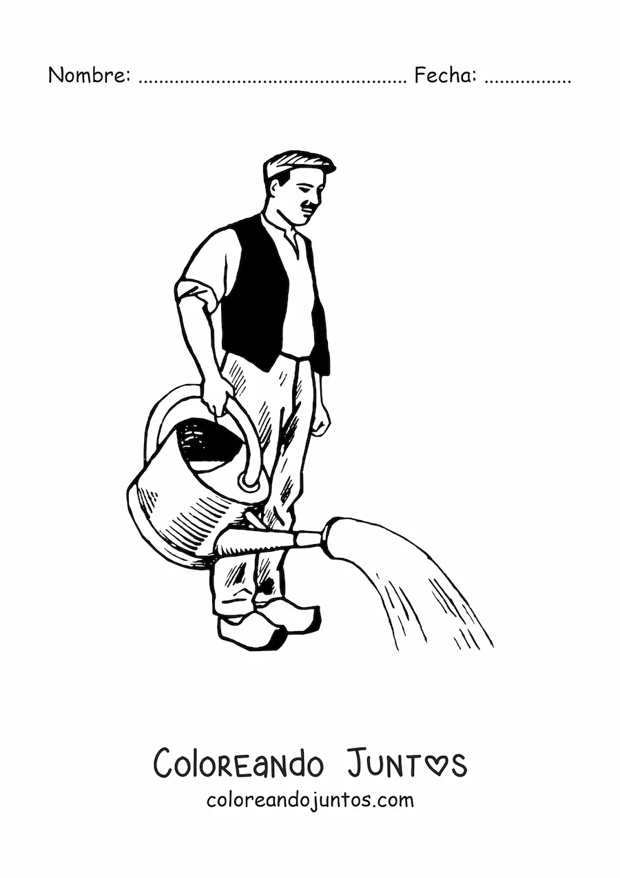 Imagen para colorear de hombre con oficio de jardinero regando las plantas