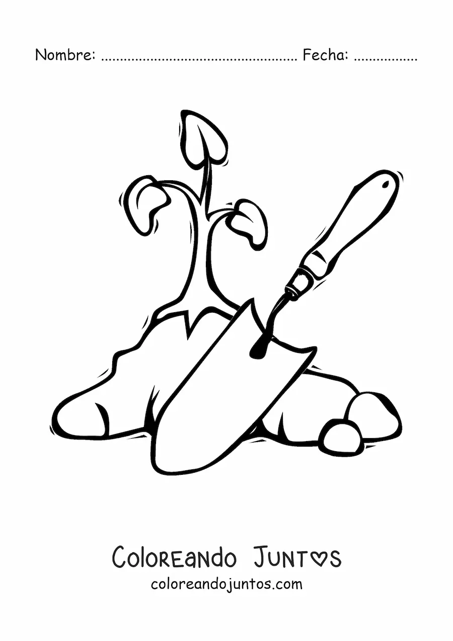 Imagen para colorear de pala de jardinero junto a una planta