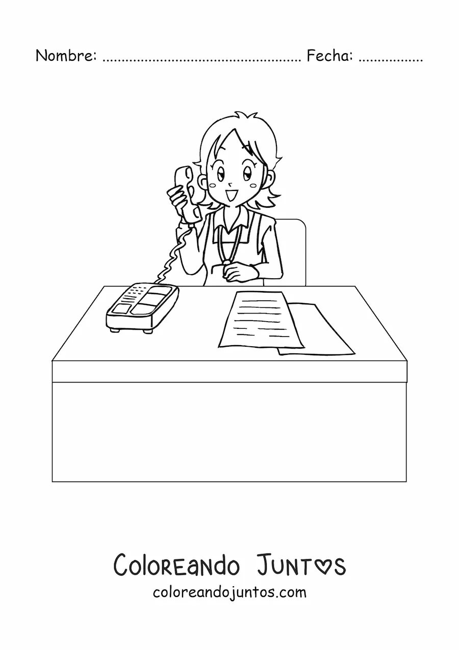 Imagen para colorear de secretaria animada llamando por teléfono en su oficina
