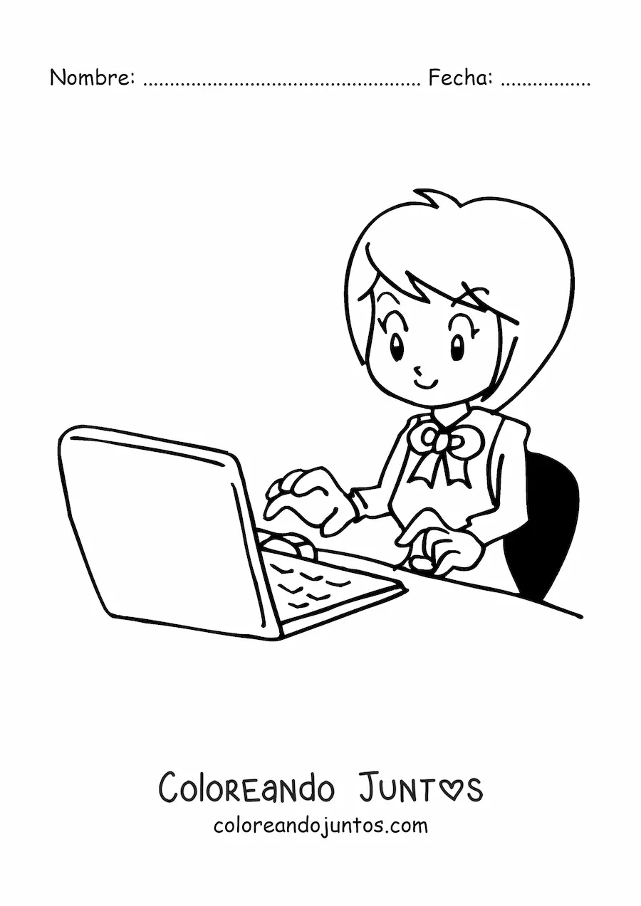 Imagen para colorear de secretaria animada escribiendo en la computadora