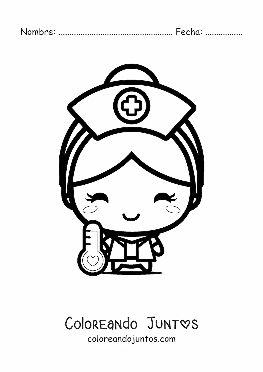 Imagen para colorear de enfermera kawaii con un termómetro