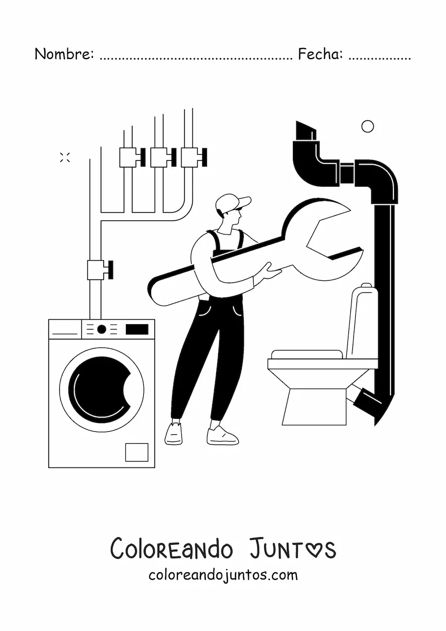 Imagen para colorear de fontanero con una llave y tuberías