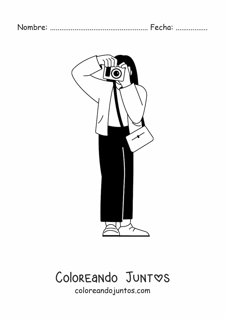 Imagen para colorear de chica tomando una foto con una cámara fotográfica