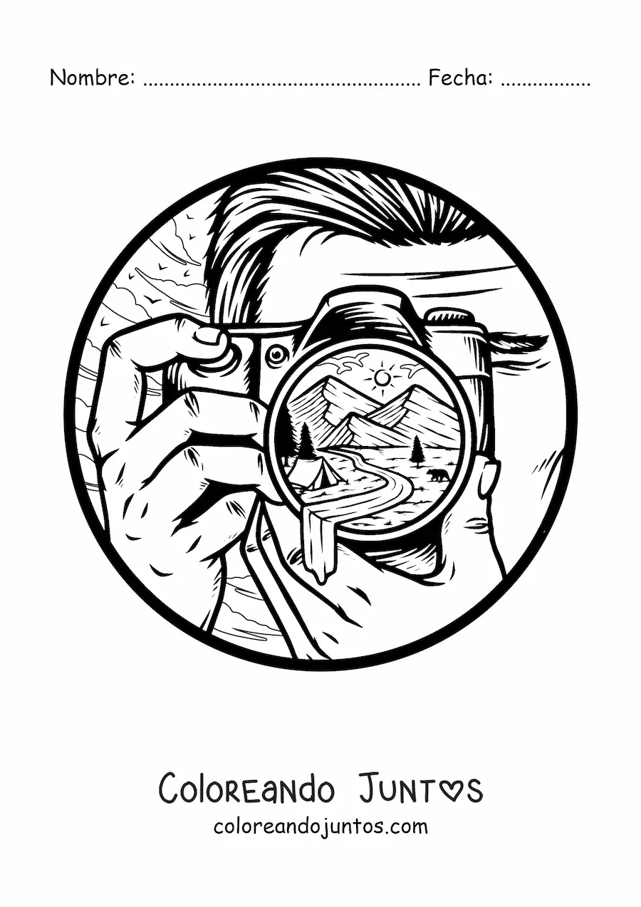 Imagen para colorear de hombre tomando una foto de un paisaje con una cámara fotográfica