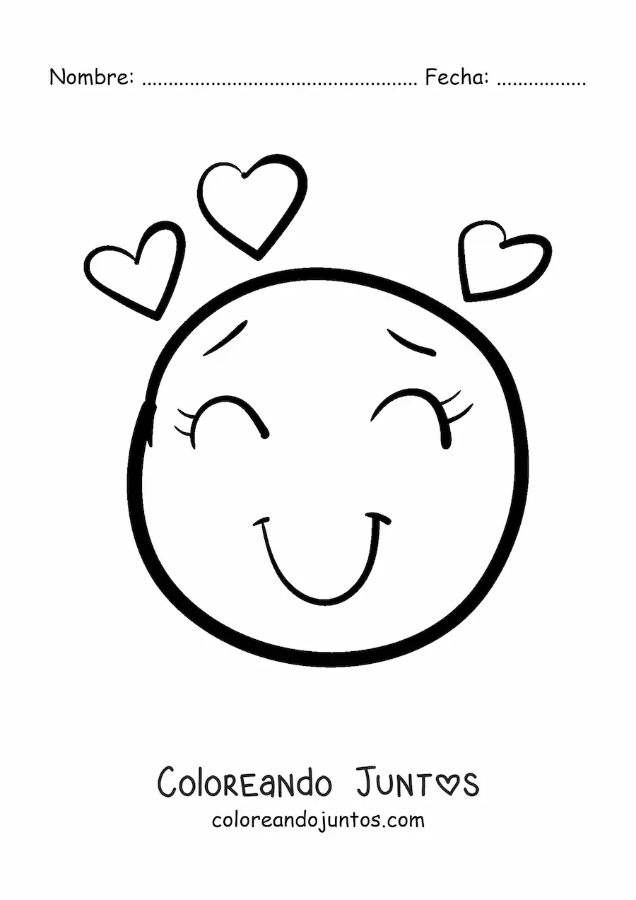 Imagen para colorear de emoji de carita sonriente enamorada con corazones