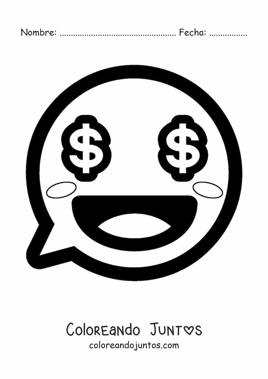 Imagen para colorear de emoji kawaii sonriendo con ojos de dinero