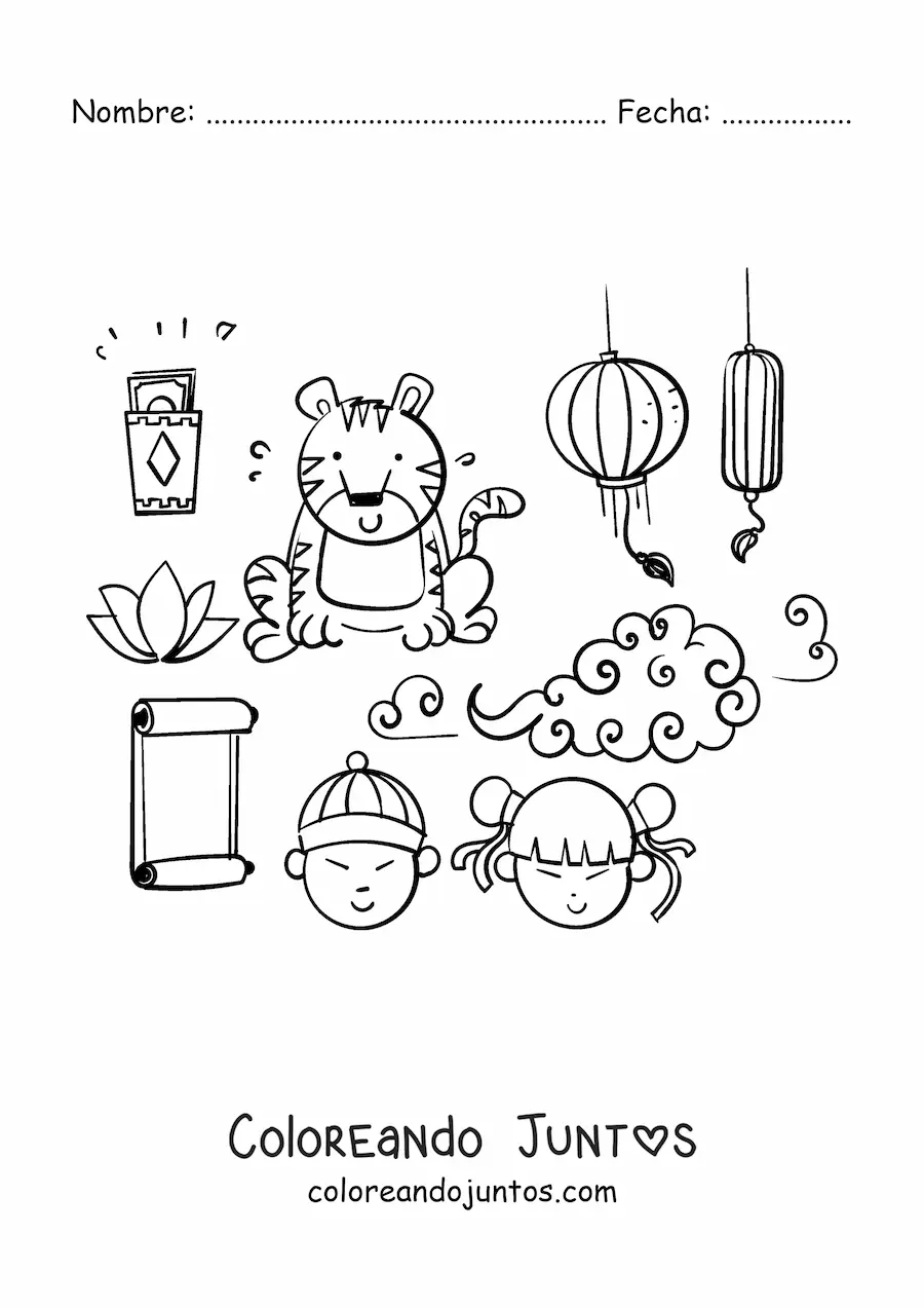 Imagen para colorear de elementos de la cultura china animados
