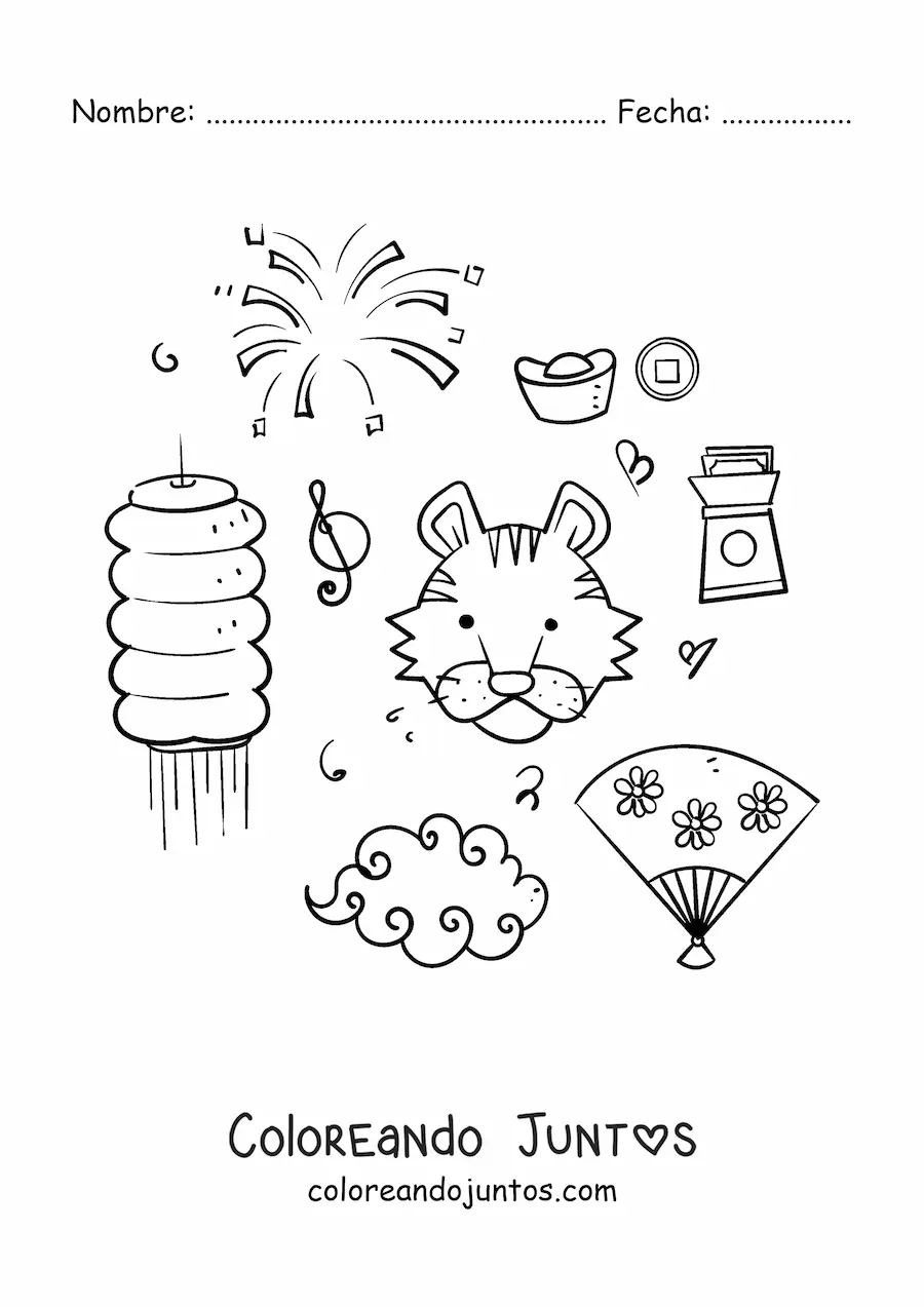 Imagen para colorear de elementos de la cultura china kawaii