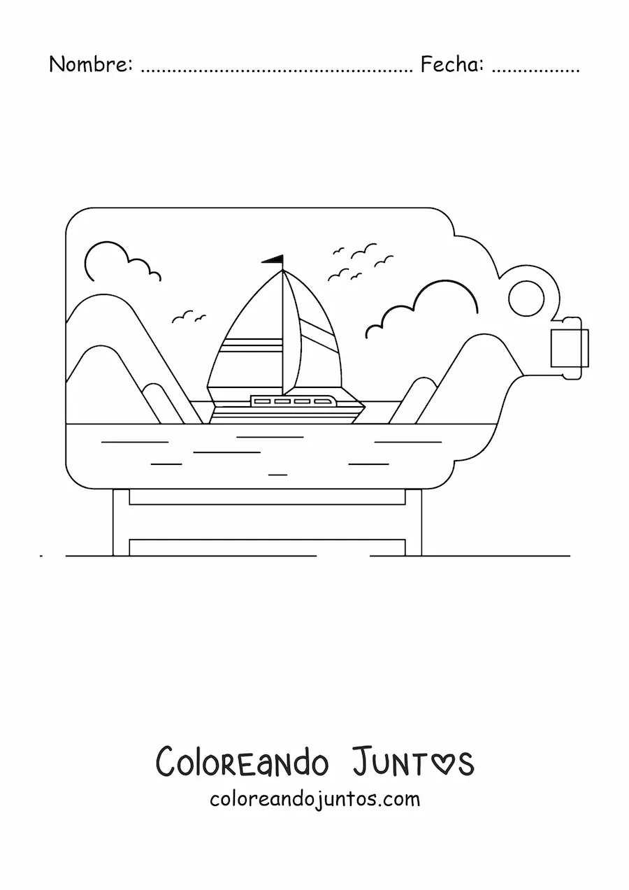 Imagen para colorear de un barco en el mar con nubes dentro de una botella