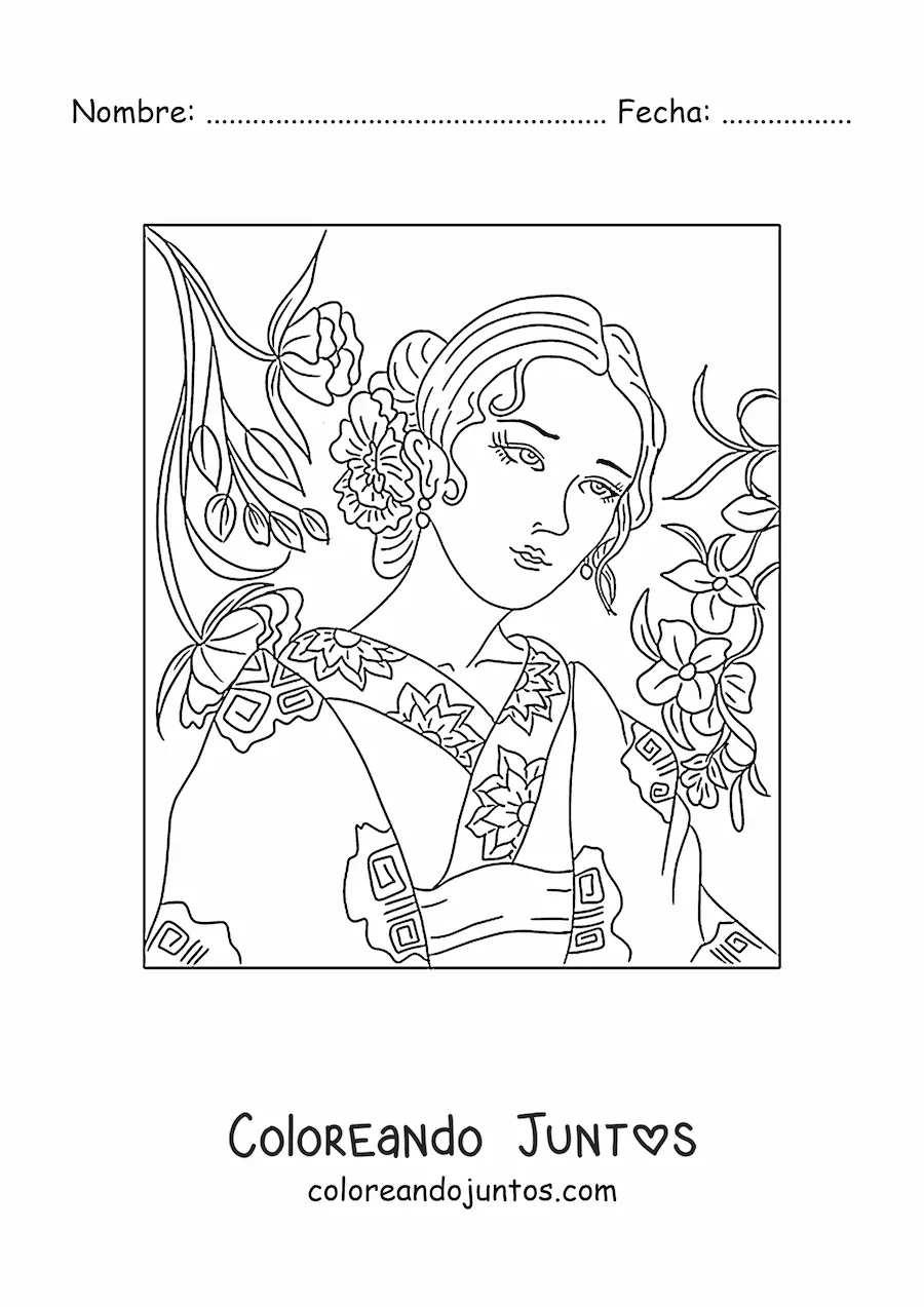 Imagen para colorear de hermosa mujer china con traje tradicional