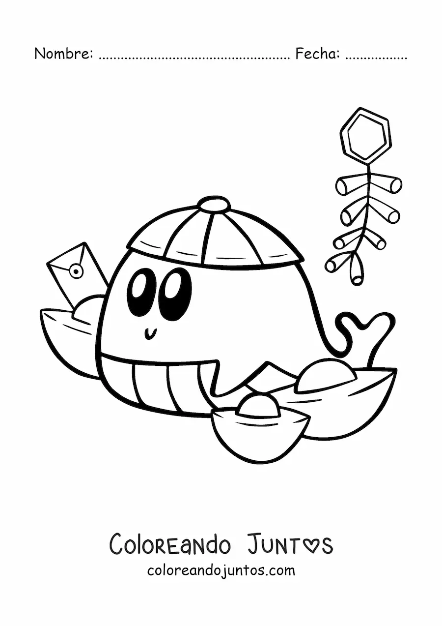 Imagen para colorear de ballena kawaii animada celebrando el año nuevo chino