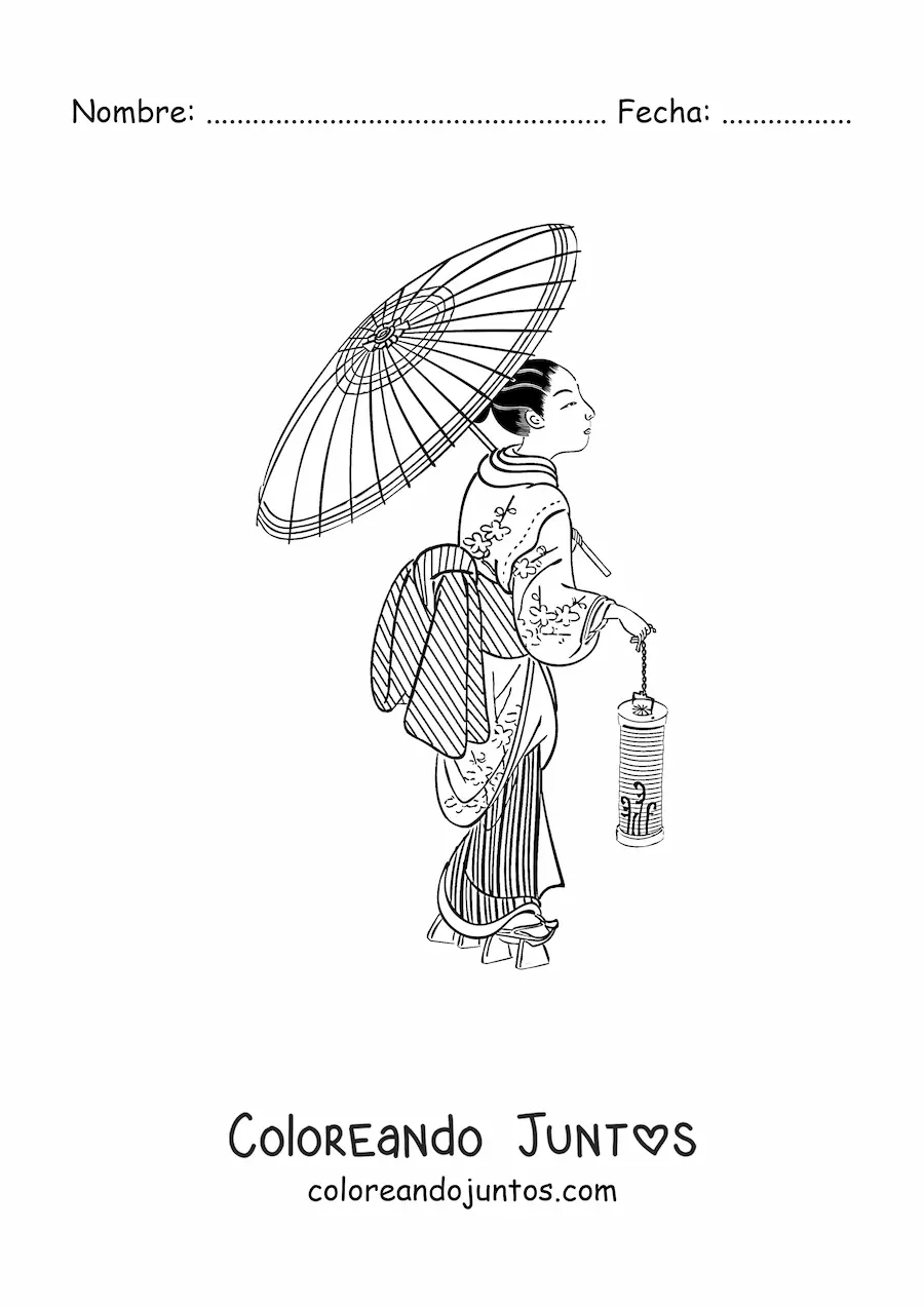 Imagen para colorear de mujer china con sombrilla