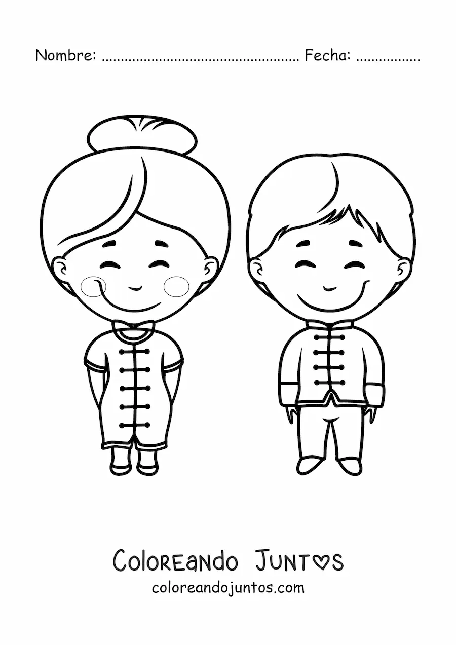 Imagen para colorear de hombre y mujer china con traje tradicional
