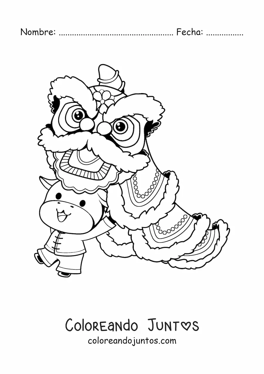 Imagen para colorear de vaca animada con dragón chino