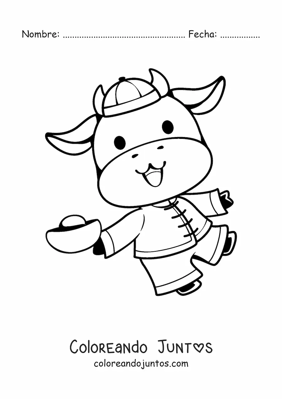 Imagen para colorear de vaca animada celebrando el año nuevo chino