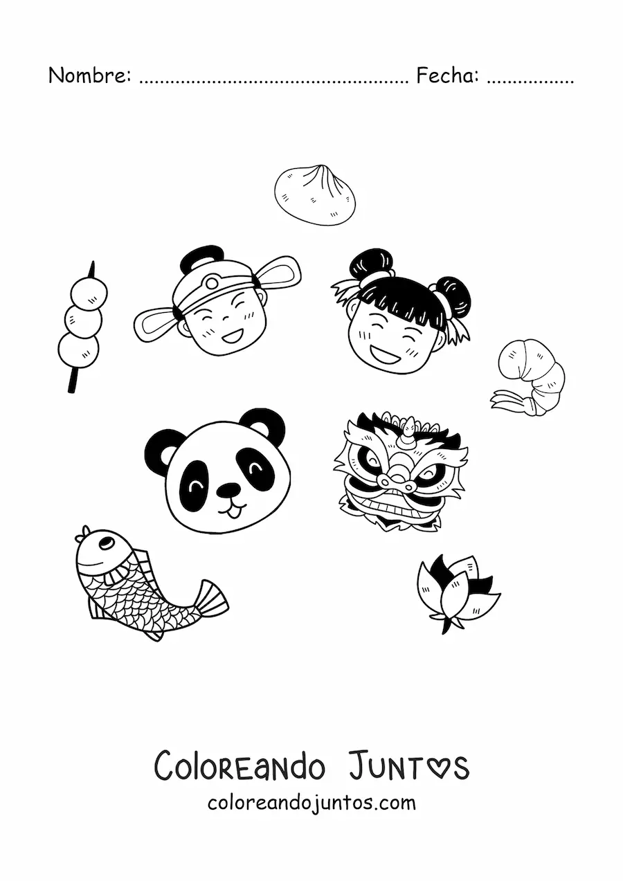 Imagen para colorear de niños chinos kawaii con un panda y una máscara china