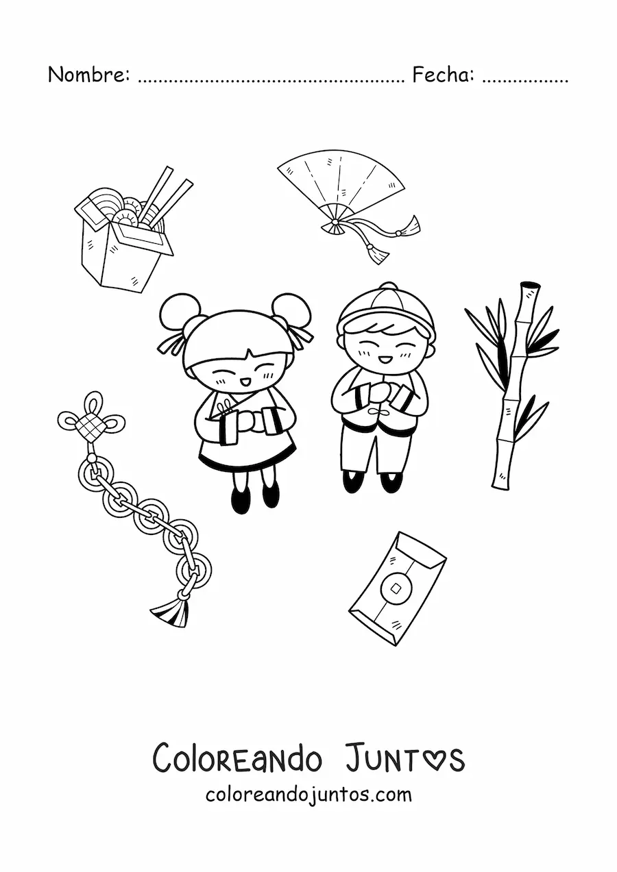 Imagen para colorear de niños chinos kawaii con elementos de la cultura china