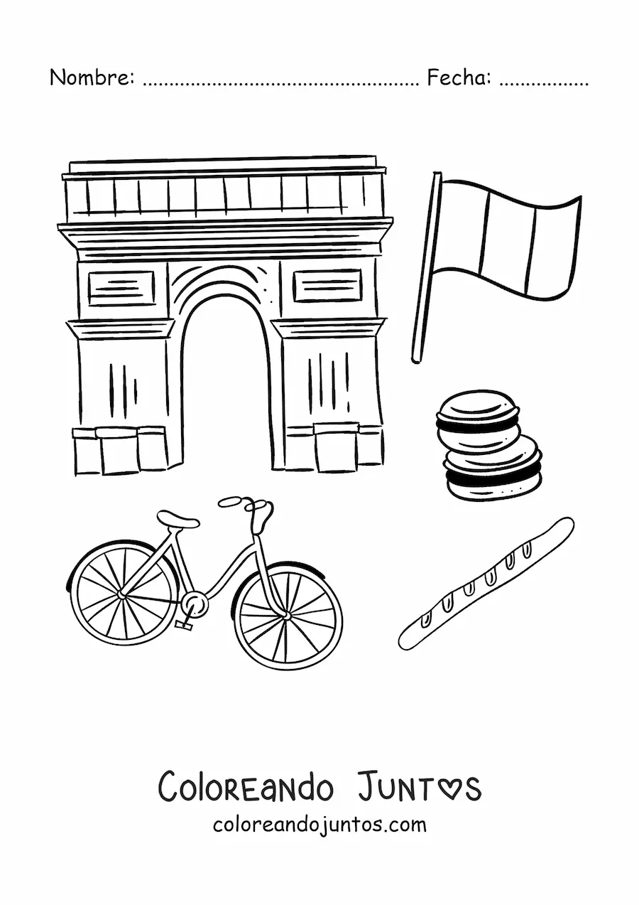 Imagen para colorear de arco de triunfo de parís y bandera de francia